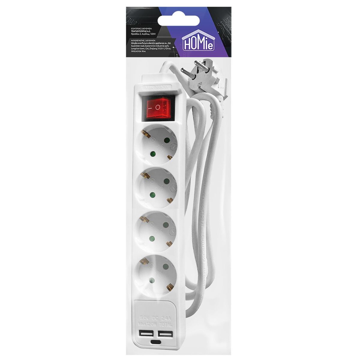 Πολύπριζο 4θέσεων + 2usb + 1type C με Κουμπί 1,5m (3x1.5mm2) Homie 322098-ΤΕΜ(1) - Image 1